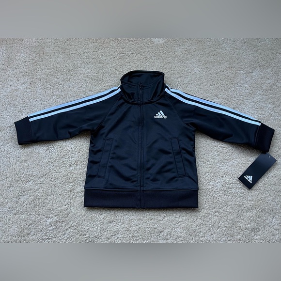 NWT Adidas Baby/Toddler Boy’s Black 3 Stripe Zip Front Track Jacket - 12 Month - Picture 1 of 7
